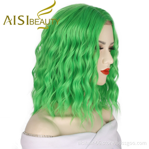 Hot Selling Wholesale Cheap Green Natural U Part Deep Wave Short Lace Frontal Curly Wigs For Black Women Synthetic Hair